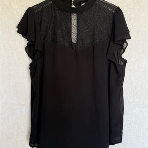 H&M Black Flutter Sleeve Blouse with Mandarin Collar